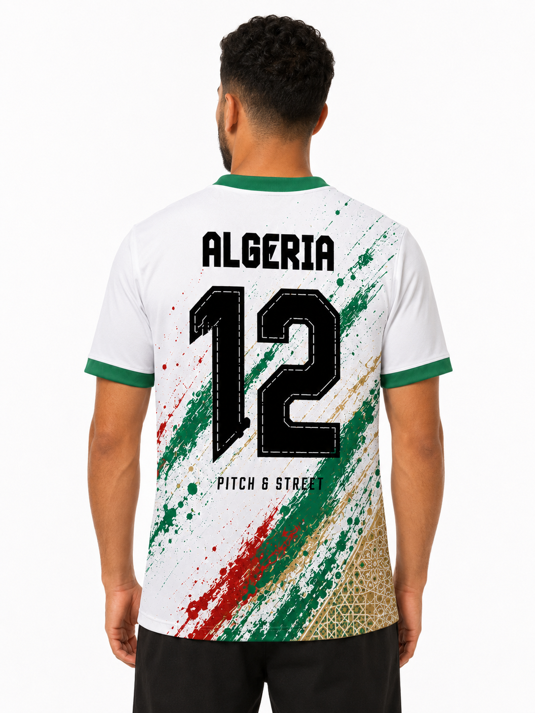 Model wearing the Algeria 12 Desert Fox Edition football jersey back view
