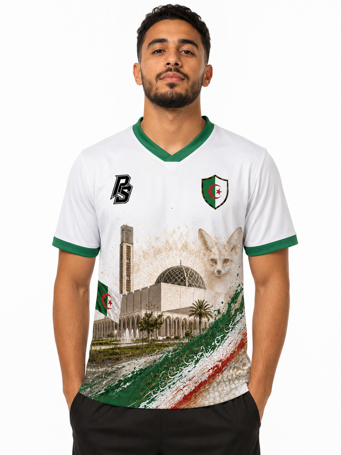 Model wearing the Algeria 12 Desert Fox Edition football jersey front view