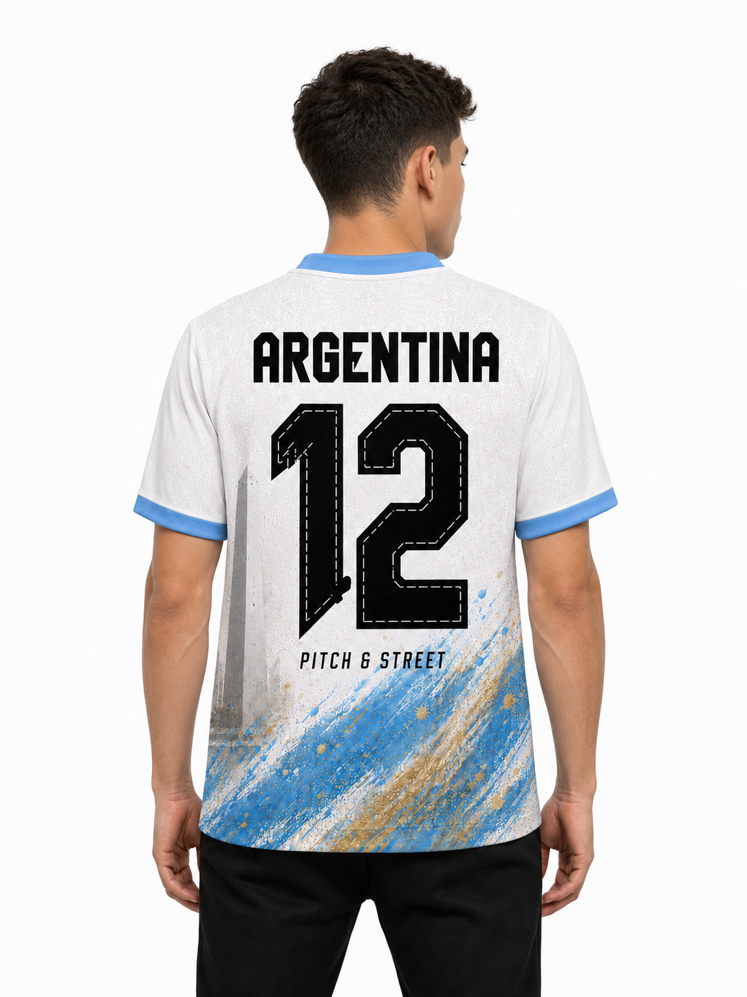 Model wearing the Argentina 12 GOAT Edition 2026 jersey back view by Pitch & Street