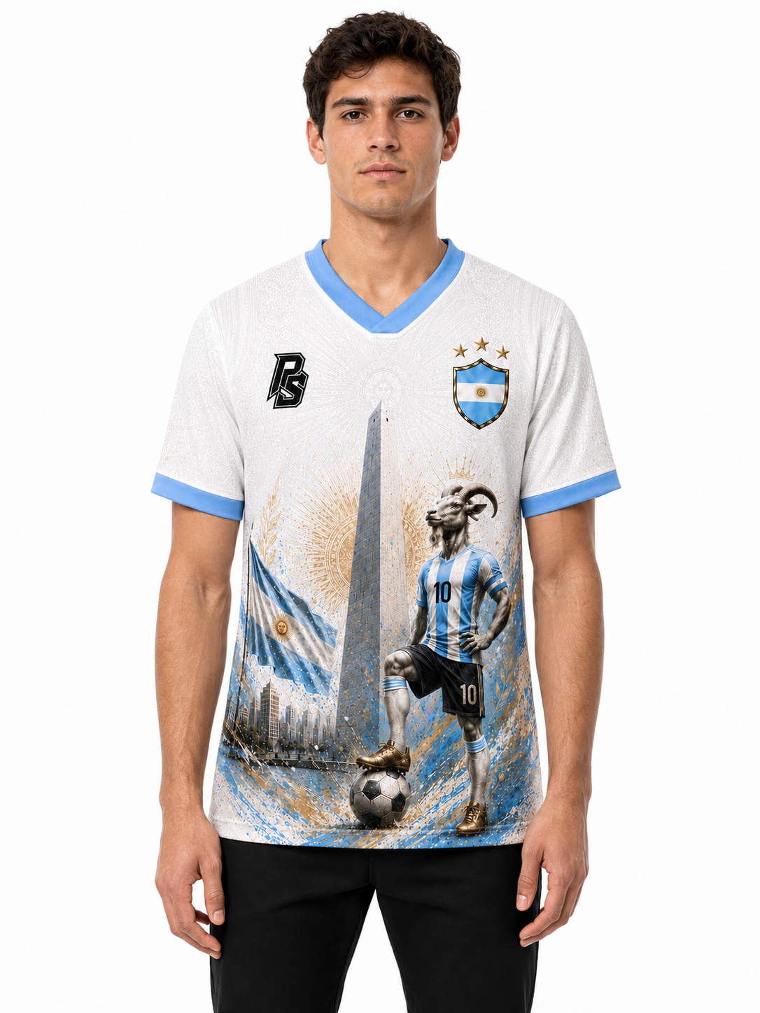 Model wearing the Argentina 12 GOAT Edition 2026 jersey front view by Pitch & Street