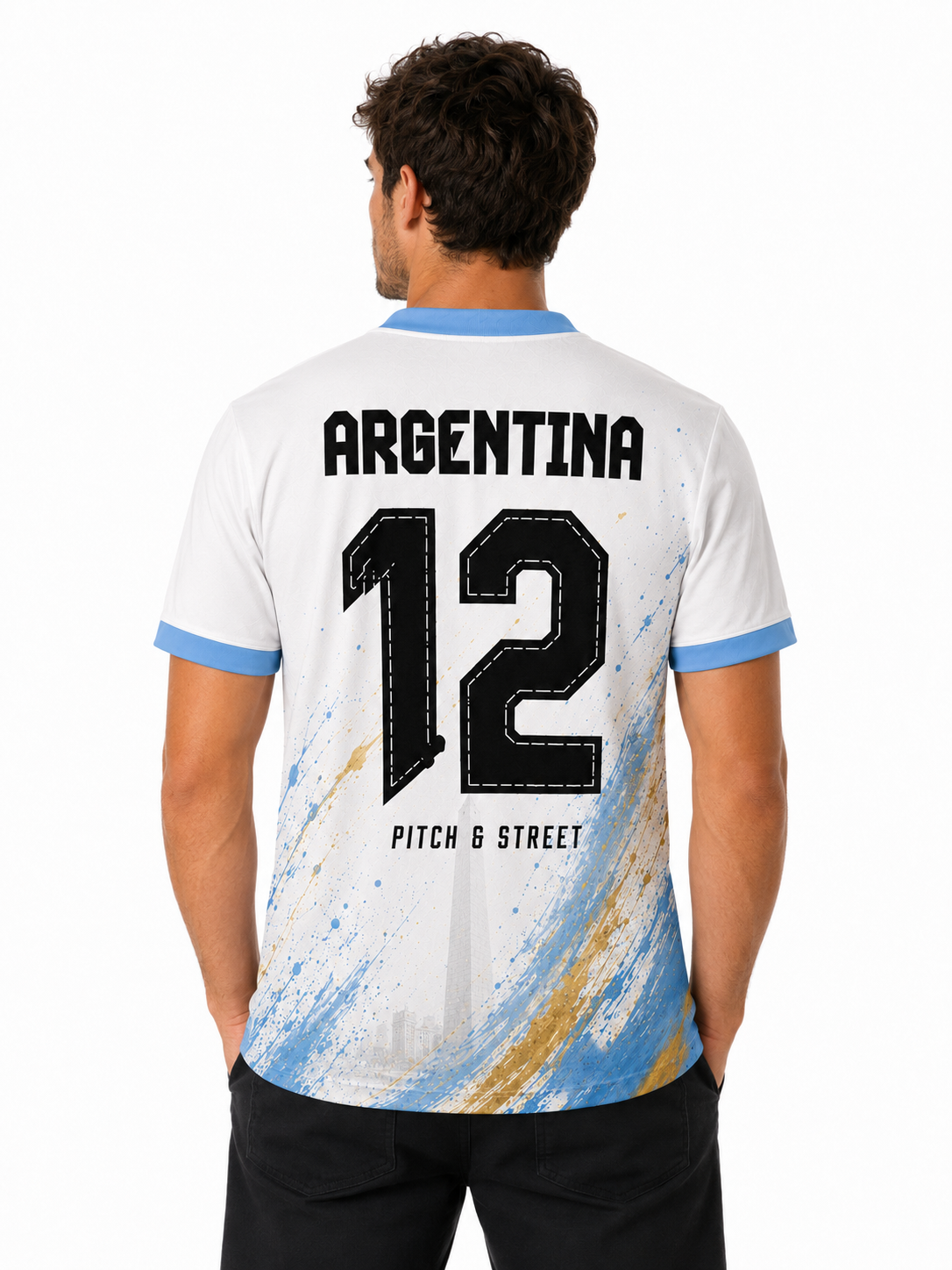 Model wearing the Argentina 12 World Cup Goat Edition football jersey back view