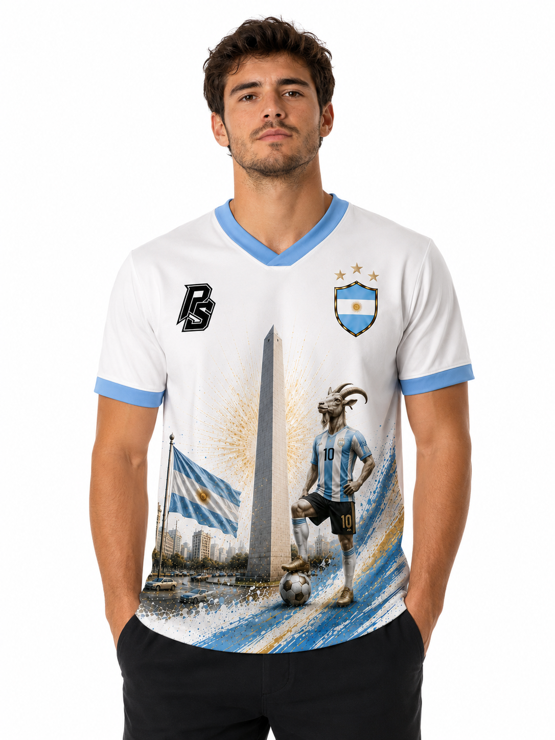 Model wearing the Argentina 12 World Cup Goat Edition football jersey front view