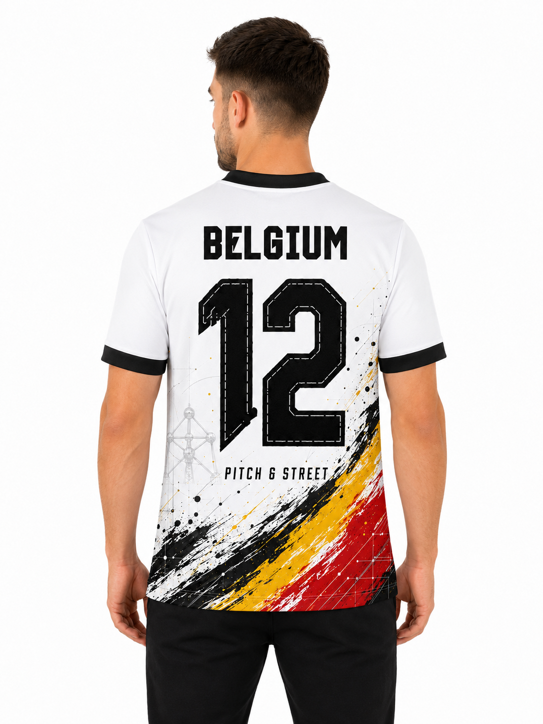 Model wearing the Belgium 12 Atomium Edition football jersey back view