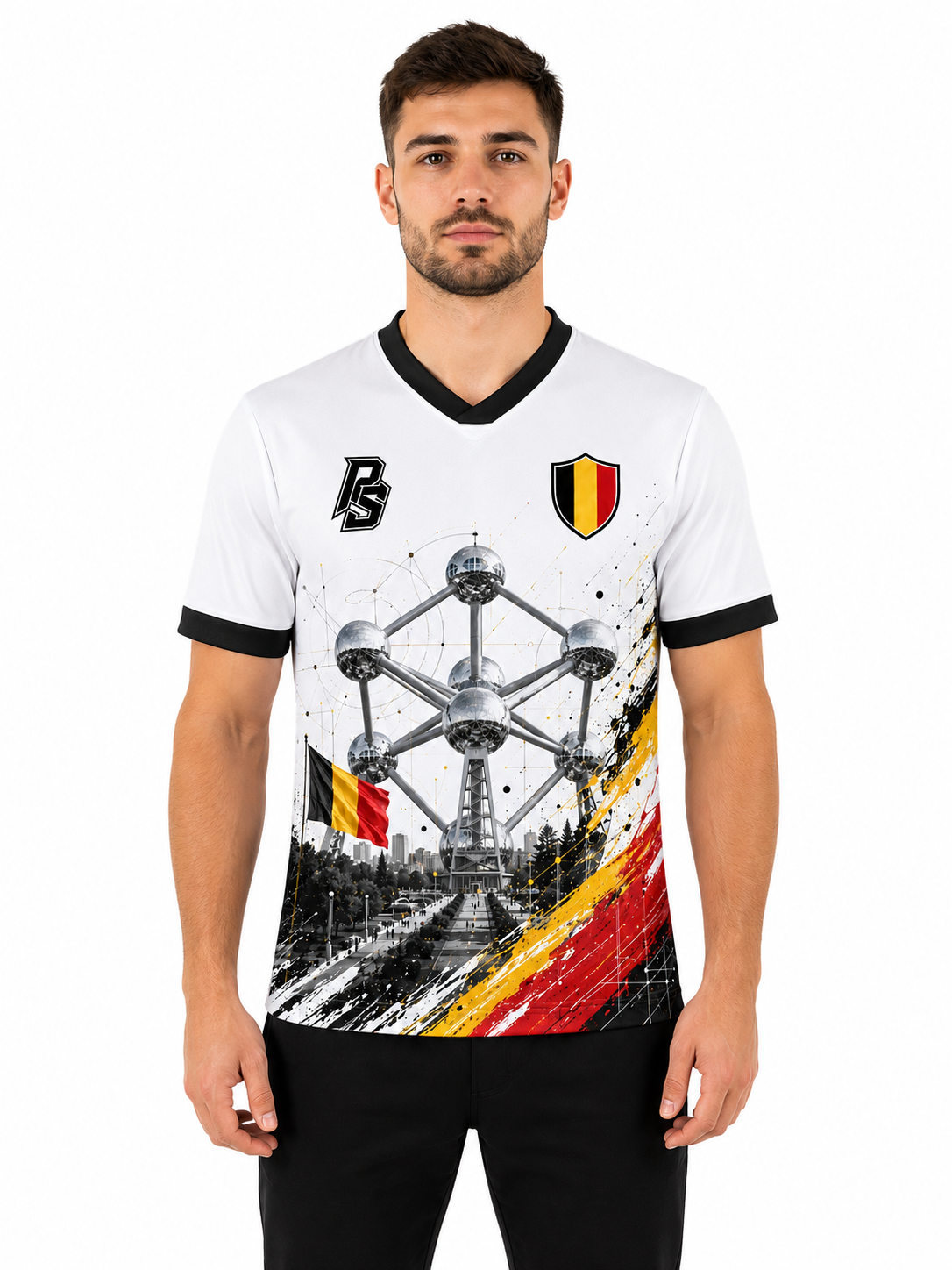 Model wearing the Belgium 12 Atomium Edition football jersey front view