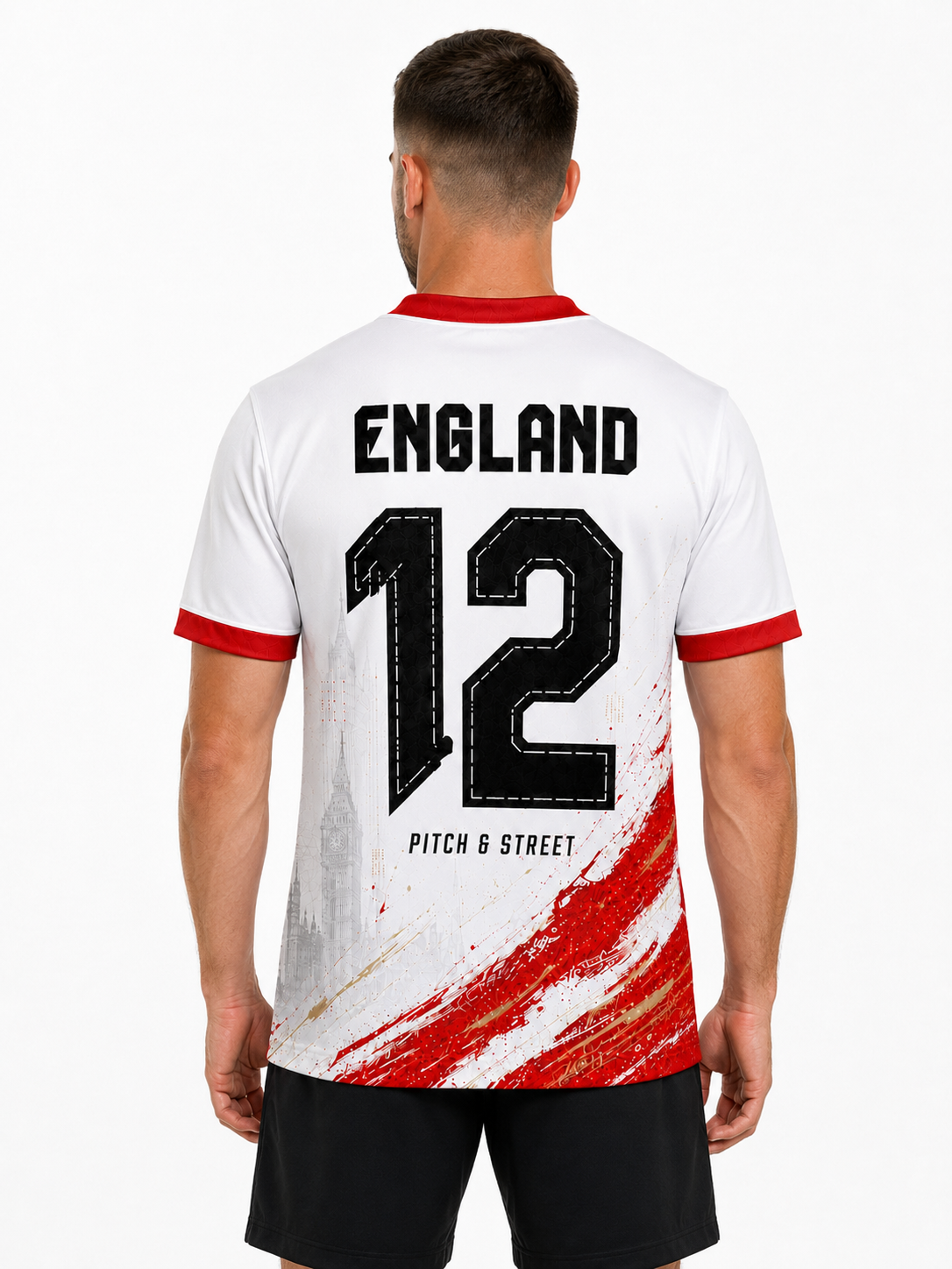 Model wearing England 12 football jersey back view