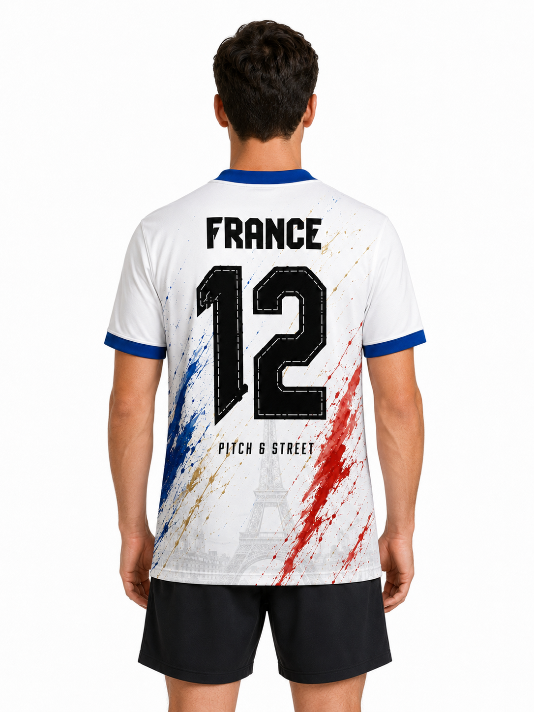 Model wearing the France 12 Eiffel Tower Edition football jersey back view