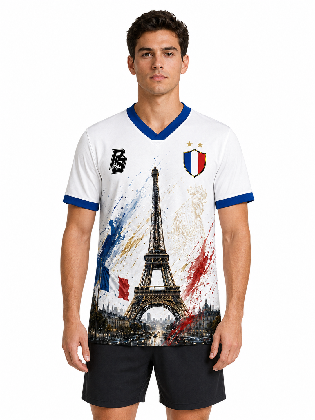 Model wearing the France 12 Eiffel Tower Edition football jersey front view