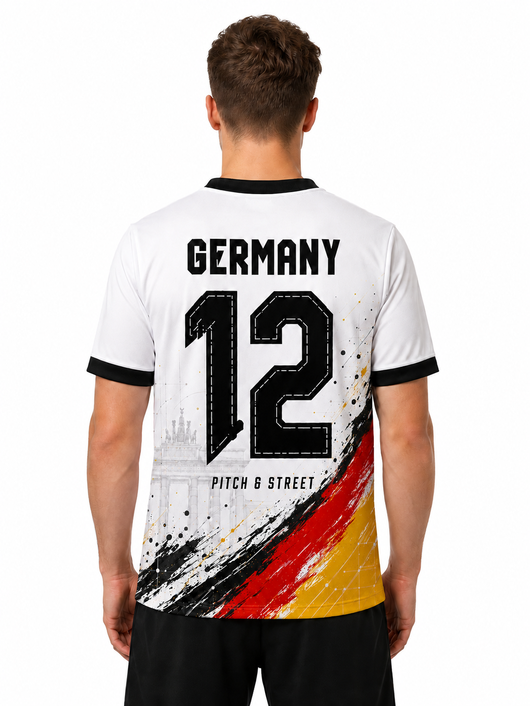Model wearing the Germany 12 Brandenburg Gate Edition football jersey back view
