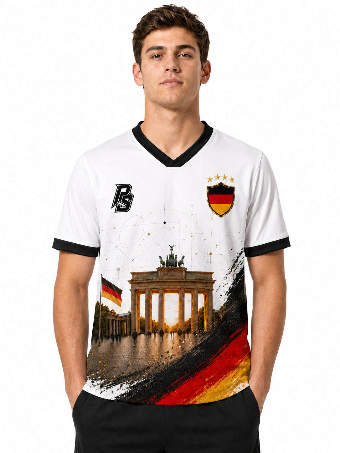 Model wearing the Germany 12 Brandenburg Gate Edition football jersey front view