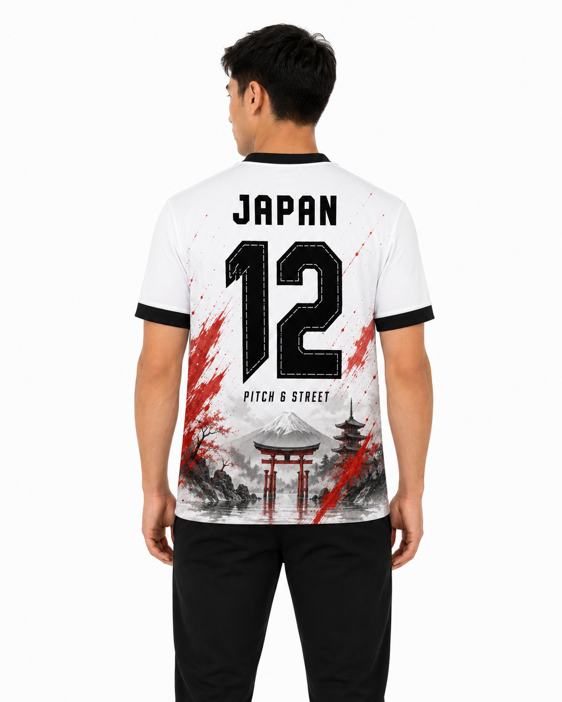 Model wearing the Japan 12 Mount Fuji Edition football jersey back view