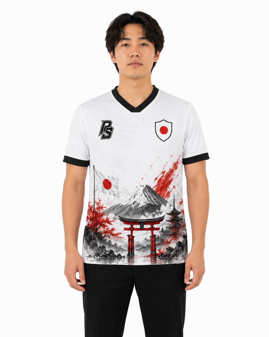 Model wearing the Japan 12 Mount Fuji Edition football jersey front view