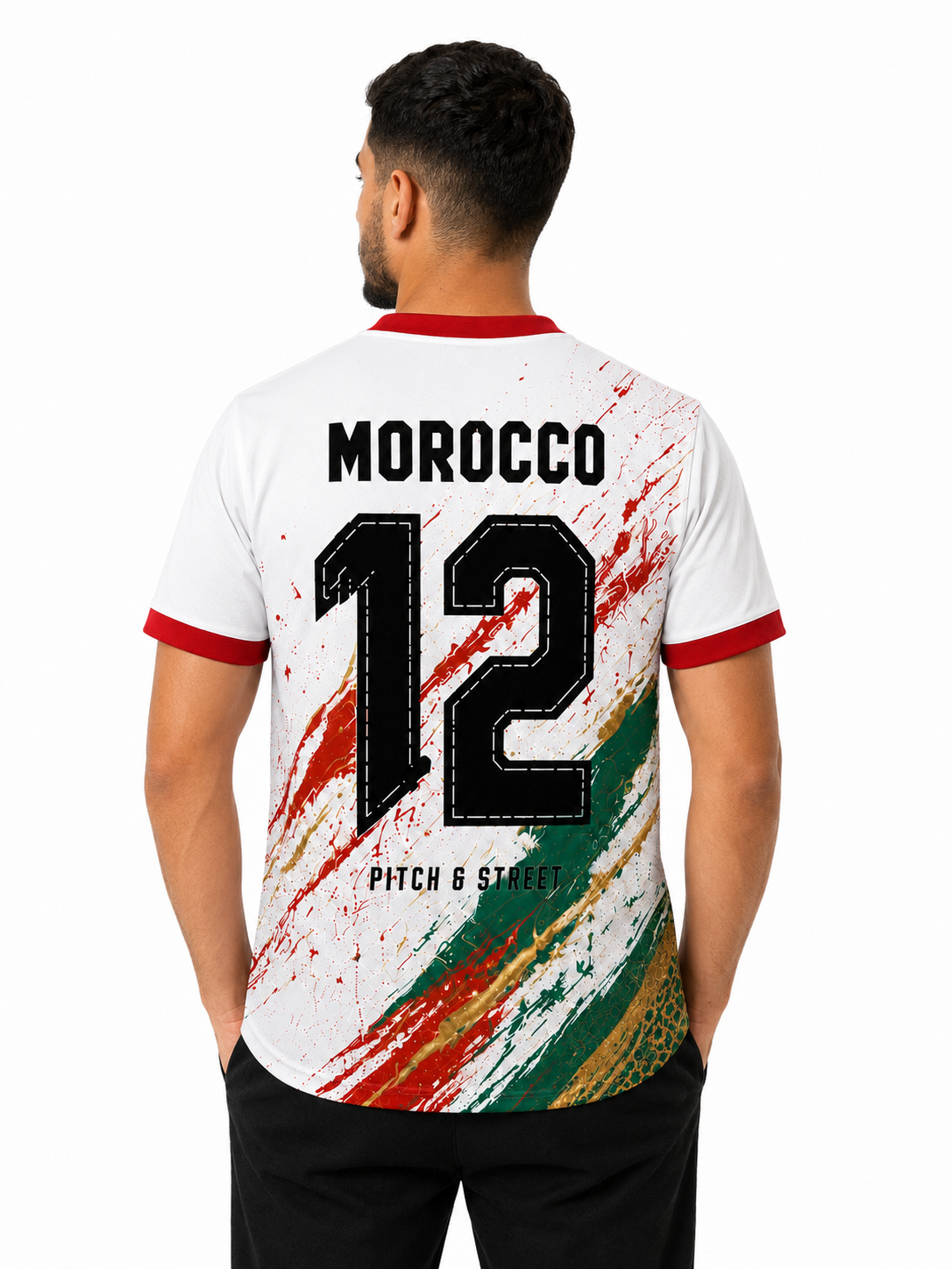 Model wearing the Morocco 12 Marrakech Edition football jersey back view