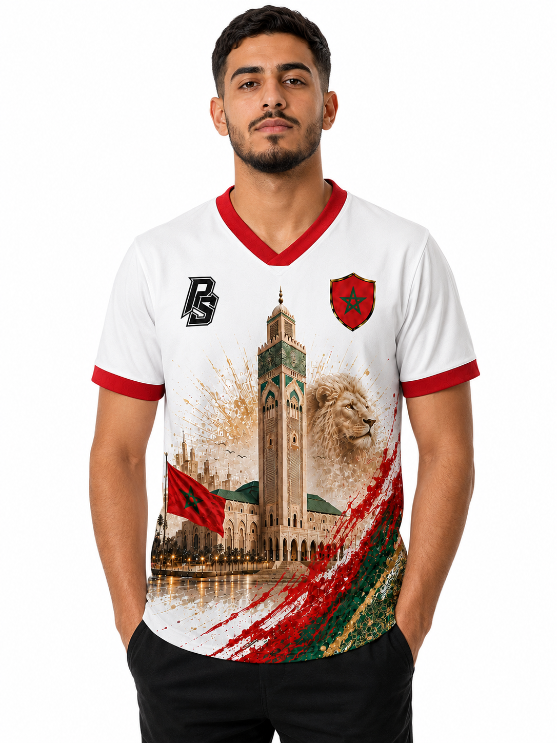 Model wearing the Morocco 12 Marrakech Edition football jersey front view