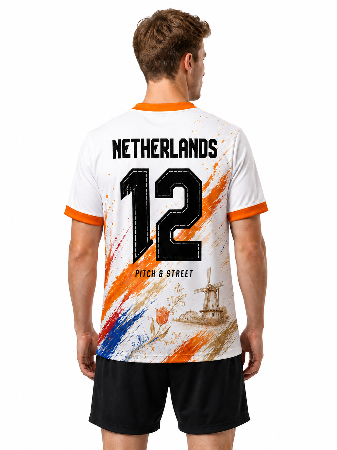 Model wearing the Netherlands 12 Windmill Edition football jersey back view