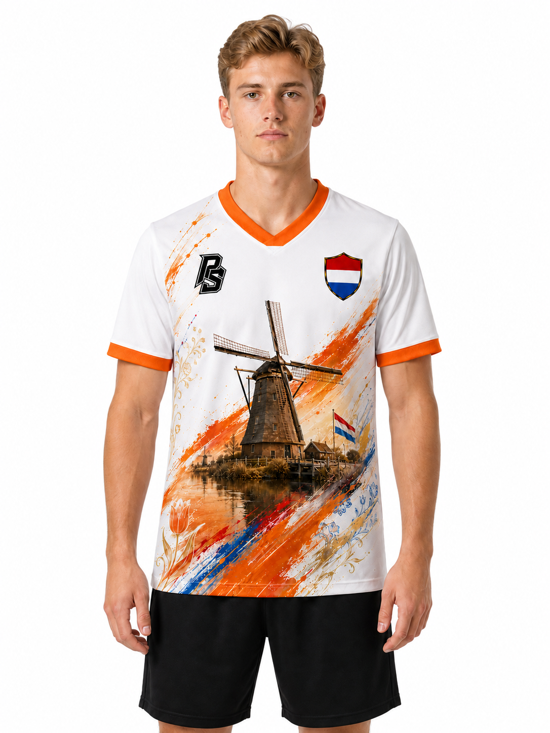 Model wearing the Netherlands 12 Windmill Edition football jersey front view
