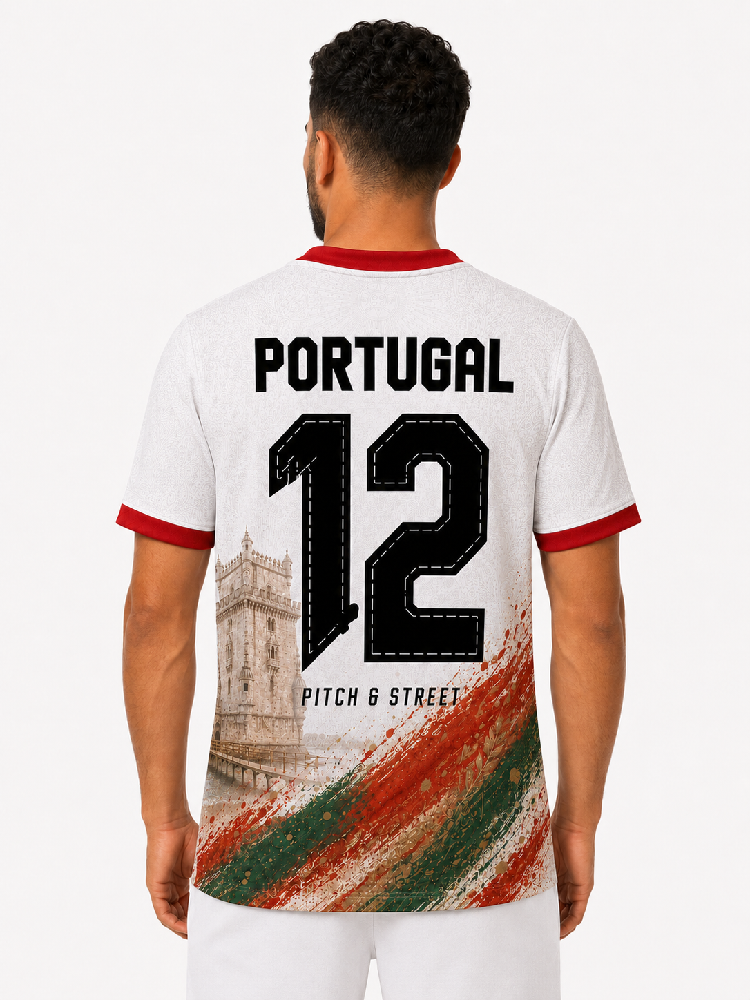 Model wearing the Portugal 12 GOAT Edition 2026 jersey back view by Pitch & Street