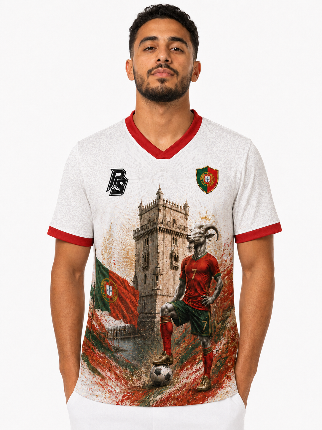 Model wearing the Portugal 12 GOAT Edition 2026 jersey front view by Pitch & Street