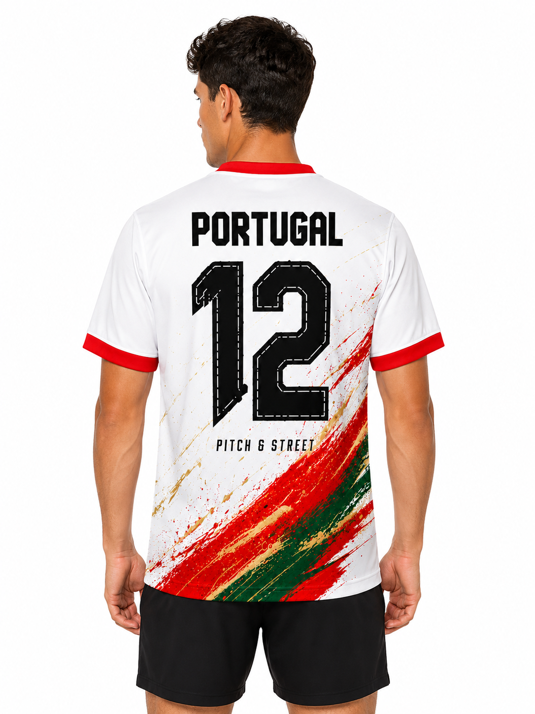 Model wearing the Portugal 12 World Cup Goat Edition football jersey back view
