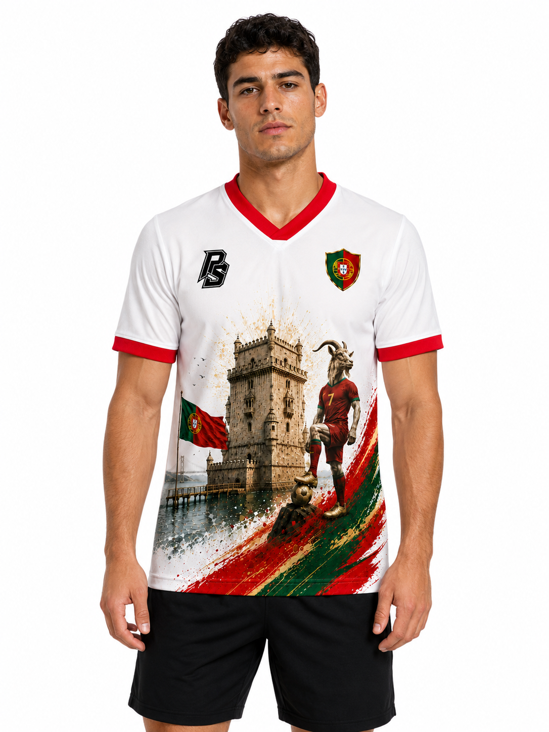 Model wearing the Portugal 12 World Cup Goat Edition football jersey front view