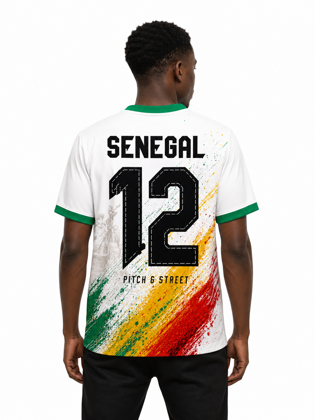 Model wearing the Senegal 12 African Renaissance Edition football jersey back view