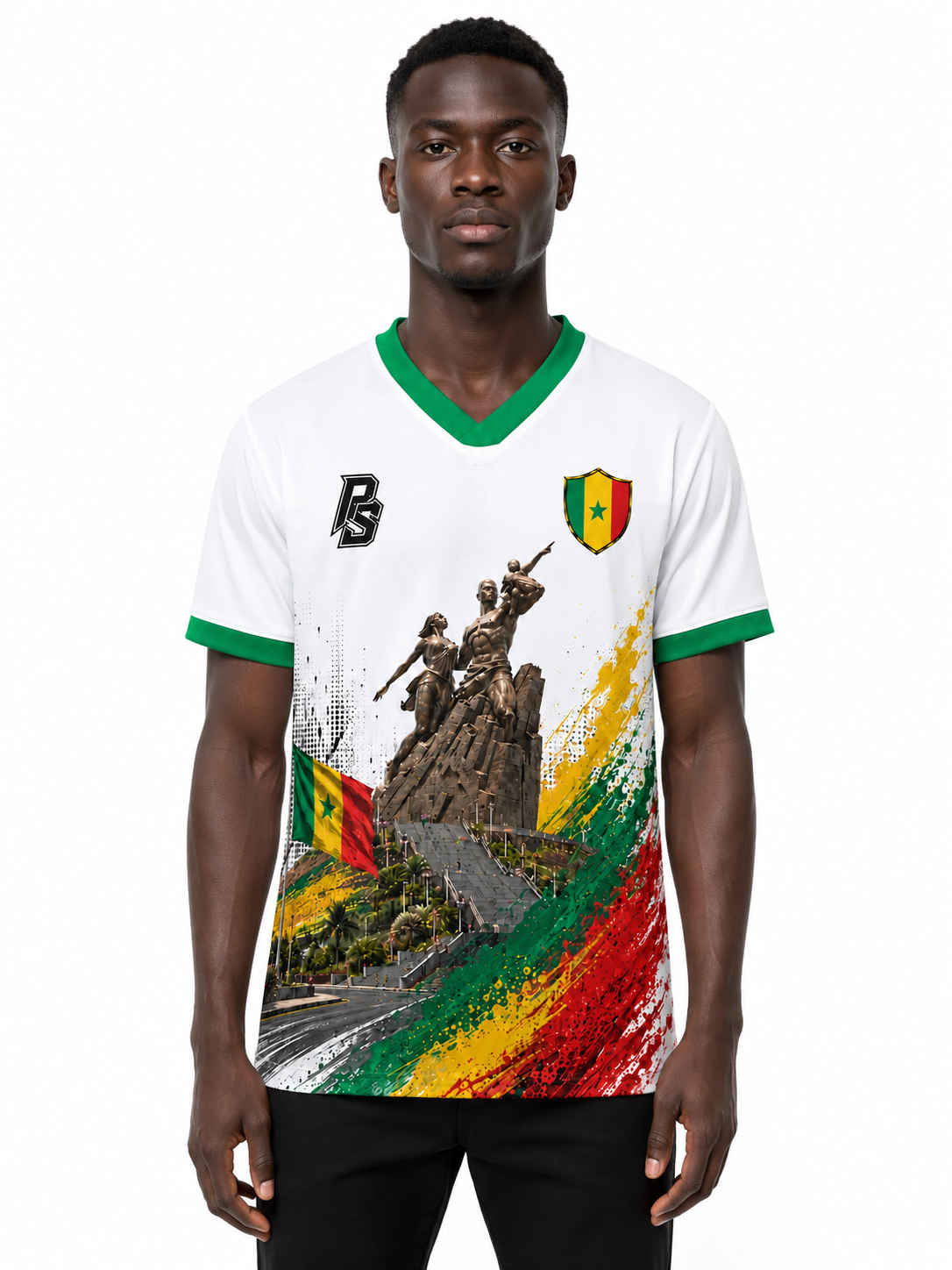 Model wearing the Senegal 12 African Renaissance Edition football jersey front view