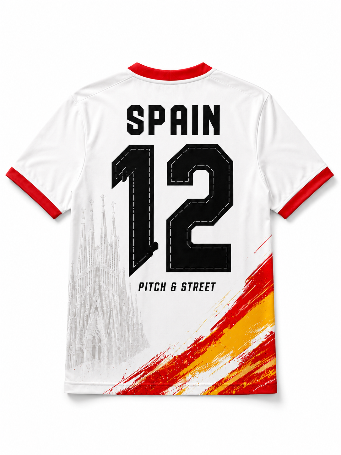 Spain 12 Sagrada Familia Edition football jersey back view by Pitch & Street