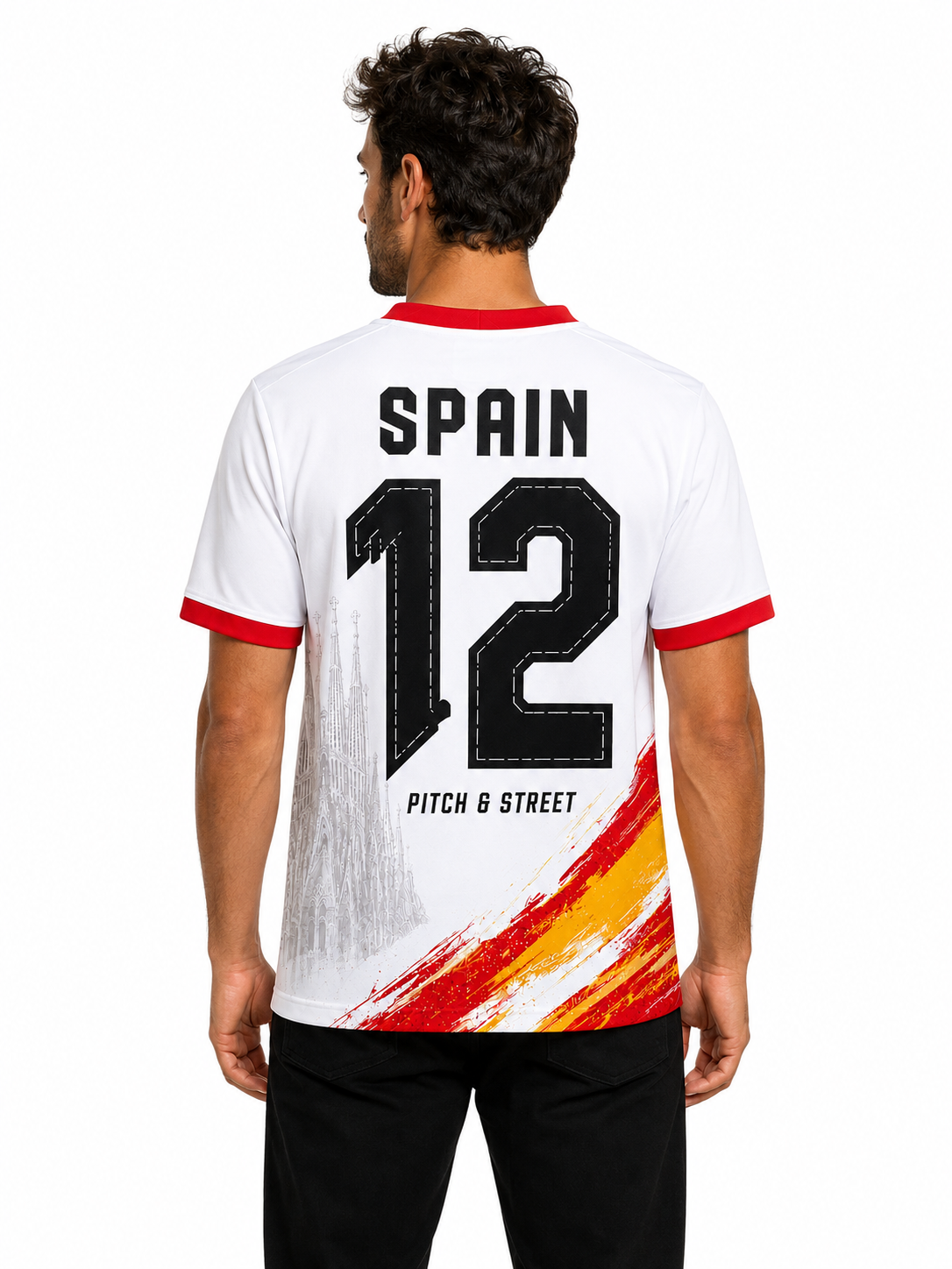 Model wearing the Spain 12 Sagrada Familia Edition football jersey back view