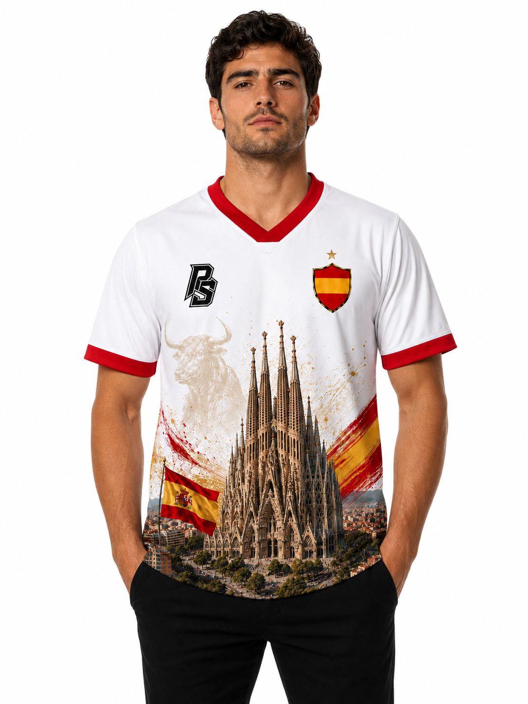 Model wearing the Spain 12 Sagrada Familia Edition football jersey front view