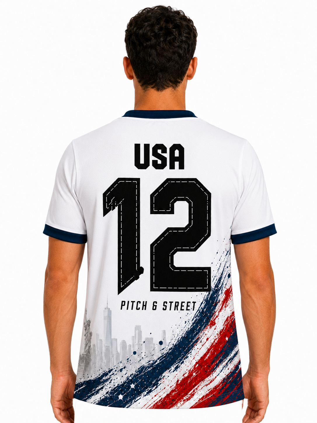 Model wearing the USA 12 Liberty Edition football jersey back view