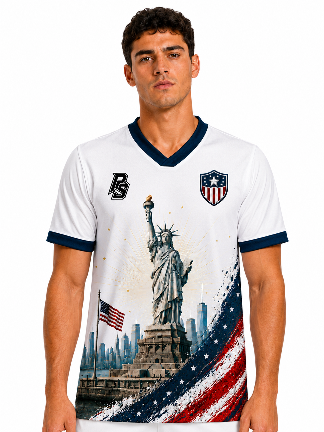 Model wearing the USA 12 Liberty Edition football jersey front view